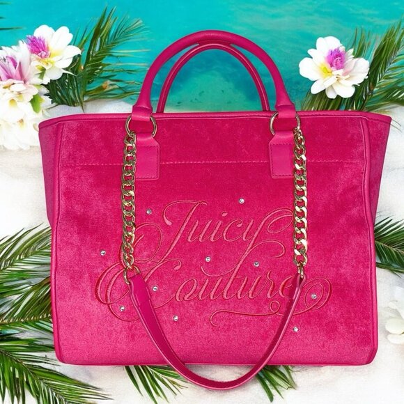 Juicy Couture Flash Pink Beach Logo Rhinestone Design Large Tote Bag NWT - Picture 3 of 10